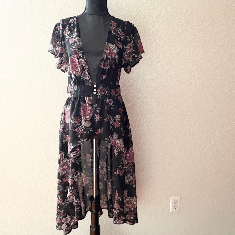 Y2k Charlotte Russe Floral Hi-Lo Sheer Tunic Top Women M Black